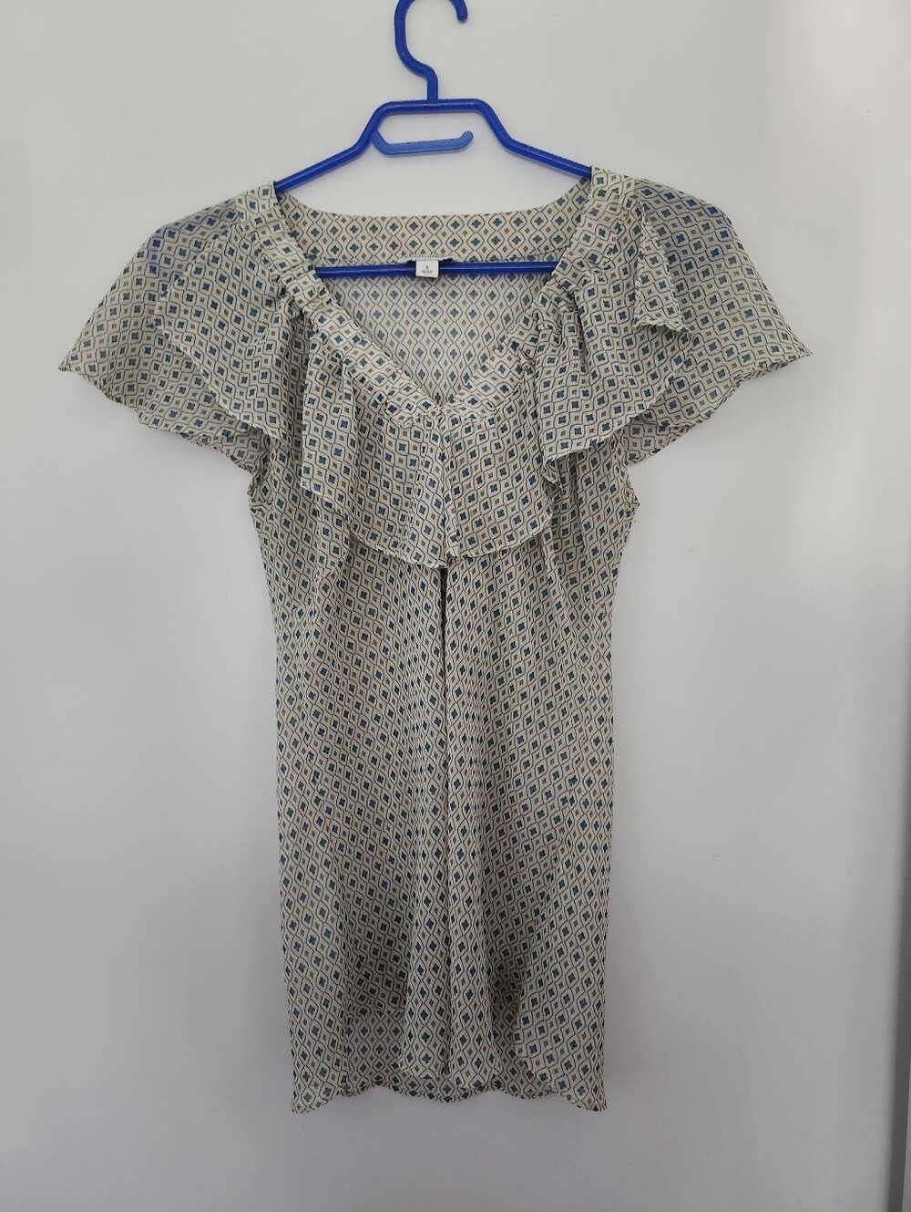 Vintage Banana Republic Taupe Blue Geometric Silk-Look Blouse, Small, Ruffle